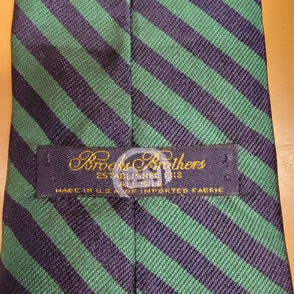 Brooks Brothers Silk Tie Green Navy Striped Hand Sewn Made in USA - Picture 2 of 4